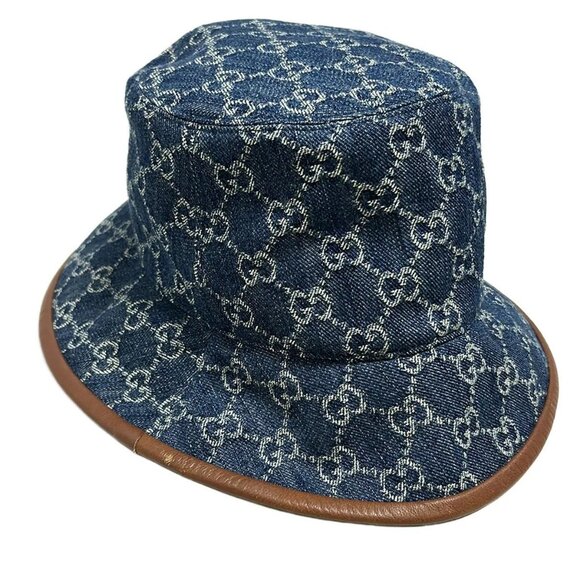 Auth GUCCI - Navy Beige Dark Brown Cotton Leather Hat - Picture 7 of 9